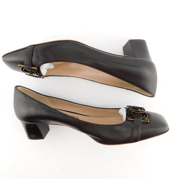 FERRAGAMO Signature Logo Horse Bit Buckle Dark Brown Leather Block Heel Pump 9.5 - Picture 4 of 9